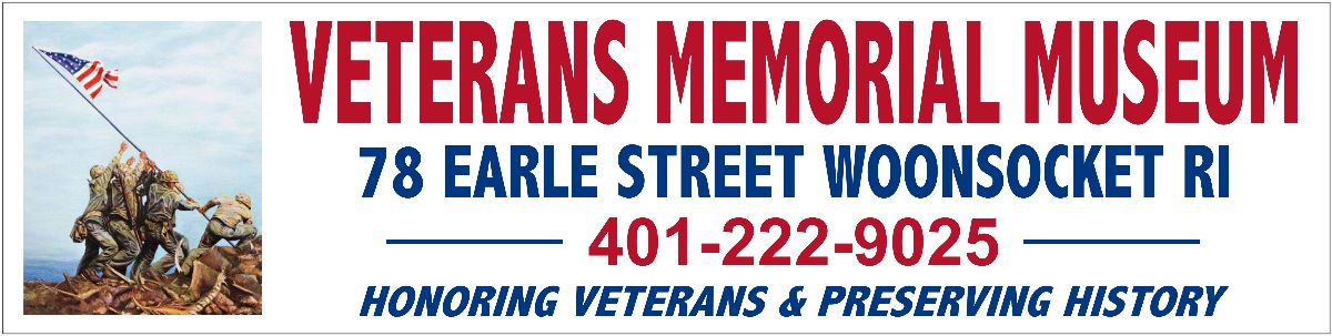Veterans Memorial Museum sign featuring an iconic flag-raising illustration, displaying location and contact details, promoting history preservation.